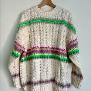 American Eagle Outfitters Cream Sweater with Green and Pink Stripes